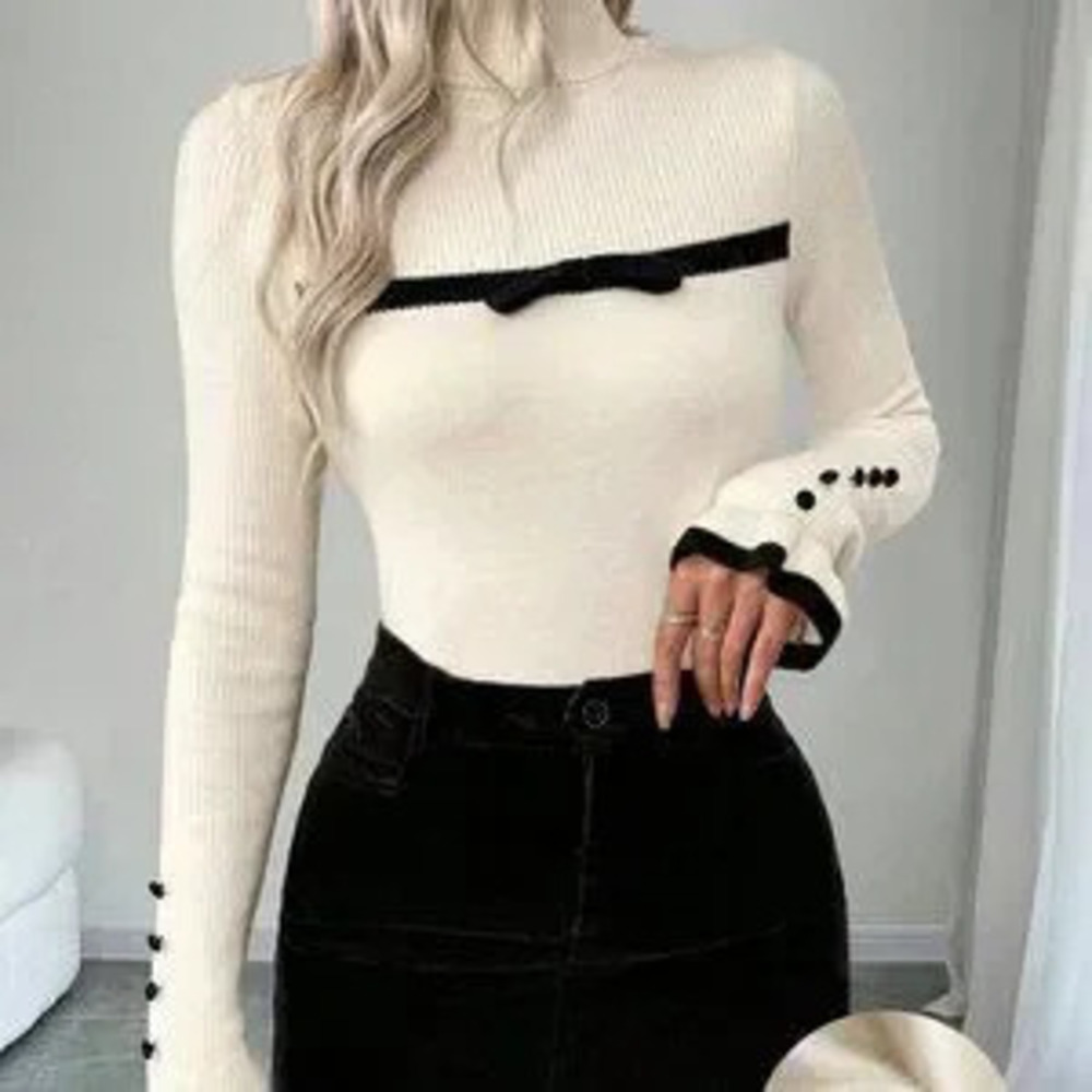 Beige Casual Women's Turtleneck Ruffled Button Long Sleeve Knit Sweater With Bow